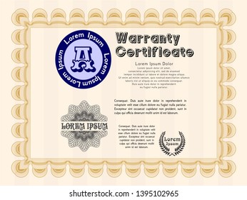 Orange Warranty Certificate template. Vector illustration. With background. Artistry design. 