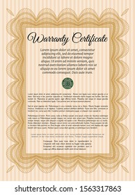 Orange Warranty Certificate template. Vector illustration. With guilloche pattern. Cordial design. 