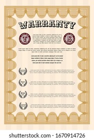 Orange Warranty Certificate template. Vector illustration. With background. Sophisticated design. 