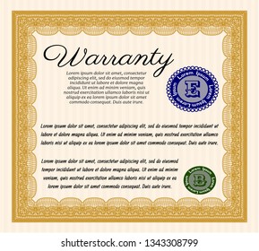 Orange Warranty. Excellent design. With guilloche pattern and background. Vector illustration. 