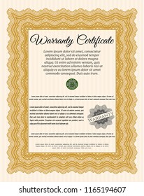 Orange Warranty. Excellent design. Vector illustration. With guilloche pattern. 