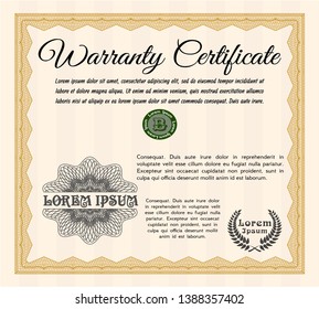 Orange Warranty. Excellent design. Vector illustration. With guilloche pattern and background. 