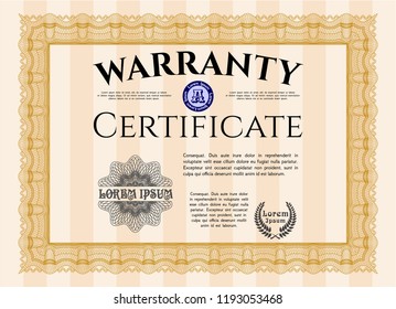 Orange Warranty. With great quality guilloche pattern. Sophisticated design. Vector illustration. 