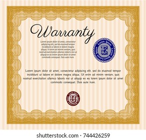 Orange Warranty. With guilloche pattern and background. Retro design. Vector illustration. 