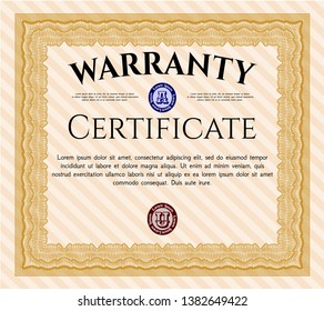 Orange Warranty template. Beauty design. With great quality guilloche pattern. Detailed. 