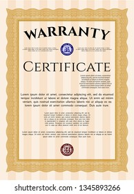 Orange Warranty template. With complex background. Vector illustration. Money Pattern design. 