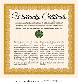 Orange Warranty template. With complex linear background. Money Pattern design. Customizable, Easy to edit and change colors. 