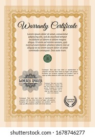 Orange Warranty template. With complex linear background. Detailed. Money Pattern. 