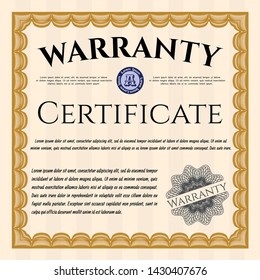 Orange Warranty template. Detailed. With complex linear background. Artistry design. 