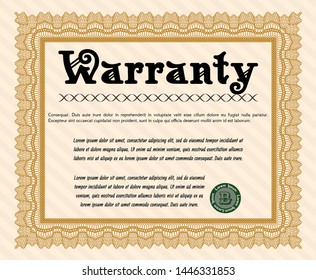Orange Warranty template. Detailed. With quality background. Money style design. 