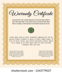 Orange Warranty template. With great quality guilloche pattern. Modern design. Detailed. 