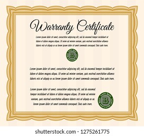 Orange Warranty template. With guilloche pattern. Retro design. Detailed. 