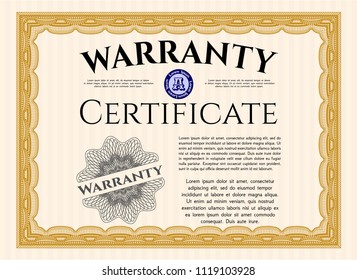 Orange Warranty template. Money Pattern design. Vector illustration. Printer friendly. 