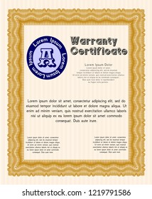 Orange Warranty template. Sophisticated design. With guilloche pattern. Detailed. 