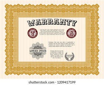 Orange Warranty template. Vector illustration. With great quality guilloche pattern. Artistry design. 