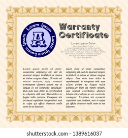 Orange Warranty template. Vector illustration. With guilloche pattern. Lovely design. 