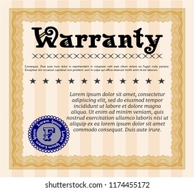 Orange Warranty. Vector illustration. With guilloche pattern and background. Excellent design. 