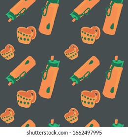 Orange water bottle on grey backdrop. Tea mug seamless pattern for wallpaper, bed linen, fabric pillowcase or wrap paper. 