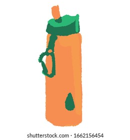 Orange water bottle on white isolated backdrop. Tourist flask for fitness club or tourist shop logo, eco safety promotion. 