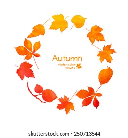 Orange watercolor autumn leaves vector wreath.