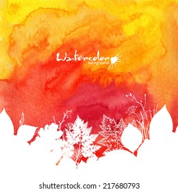 Orange watercolor autumn vector background with white leaves silhouettes