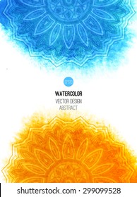 Orange watercolor brush wash with pattern - round tribal elements. Vector ethnic design in boho style.