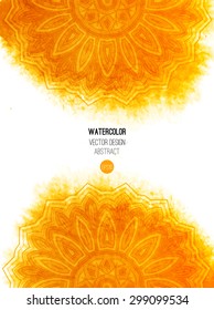 Orange watercolor brush wash with pattern - round tribal elements. Vector ethnic design in boho style.