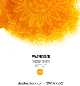 Orange watercolor brush wash with pattern - round tribal elements. Vector ethnic design in boho style.