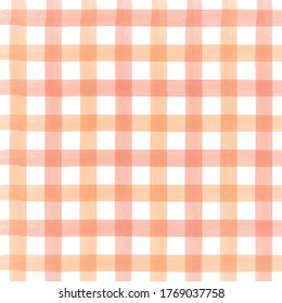 Orange Watercolor Checkered Pattern. Orange Watercolor Pattern With Stripes. Orange Watercolor Brush Stripes Pattern.