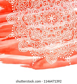 Orange watercolor paint background with white hand drawn round doodles and mandalas. design of backdrop