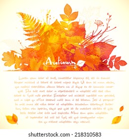 Orange watercolor painted leaves vector greeting card template