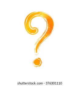 Orange watercolor question mark sign (icon, symbol), white background. Painted design element (illustration).