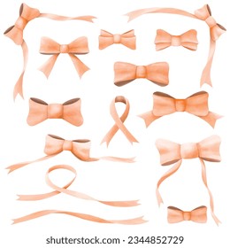 Orange watercolor ribbon bow vector collection