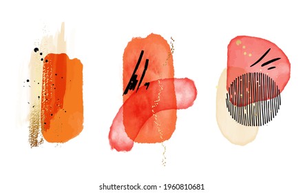 Orange watercolor shapes , gold elements isolated on white background. Abstract modern set of wall print. logo template, doodle  vector 