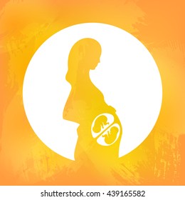 Orange watercolor silhouette of pregnant woman in a white circle. Multiple pregnancy. Dizygotic twins (embryos).  Design element for pregnancy theme. Maternity, motherhood, baby.