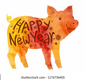 Orange watercolor style pig silhouette with Happy New Year lettering inside, vector greeting card template