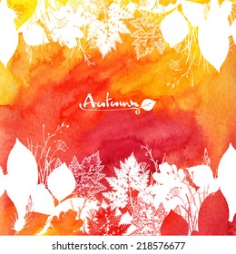 Orange watercolor vector background with white leaves silhouettes