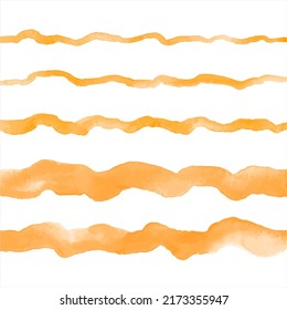 Orange watercolor vector wavy long brush strokes, uneven wide, thin stripes, doodle streaks. Hand drawn watercolour graphic design elements set, text backgrounds, borders, deckled edges templates