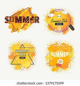 Orange Watercolors Background Summer Sale Theme Website Banner, Card, Flyer, Tag Ad Design Set