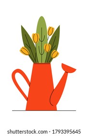 Orange watering can full of flowers. Flat vector illustration