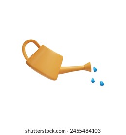 Orange watering can with water sprinkler 3D style cartoon icon. Gardening irrigation handle equipment. Drops of water falling from the watering pot. Vector render illustration isolated on white