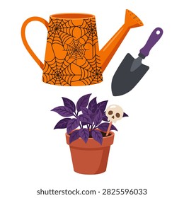 Orange watering pot with black webs. Purple leafy plant with skull stick. Garden trowel for spooky autumn planting.