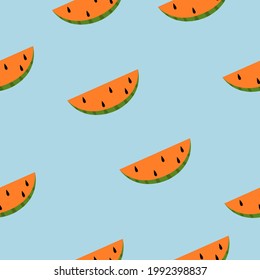 Orange Watermelon On A Blue Background. Pattern Vector Illustration. Similar Objects In One Image. 