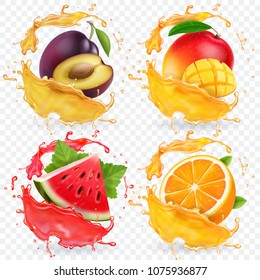 Orange, watermelon, plum and mango juice splashes Fresh fruits vector icon set