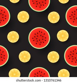 Orange, watermelon slices seamless texture. Bright summer fruit pattern on a black background.1
