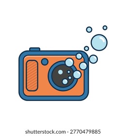 Orange waterproof camera with bubbles, representing underwater keywords camera, waterproof.
