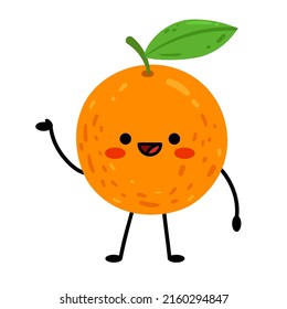 Orange is waving its hand. Cute cartoon character orange. Flat Vector illustration isolated on white background
