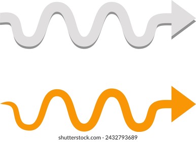 Orange wavy arrow with pointed end and shaded gray wavy arrow