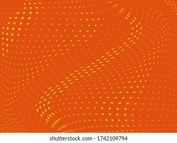 Orange Wavy dotted lines background. Pattern of dots, dotted lines, circles of different scale. Digital Gradient. Pop-art style. Grunge Backdrop. Modern futuristic Abstract panel. Vector illustration