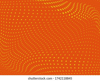 Orange Wavy dotted lines background. Pattern of dots, dotted lines, circles of different scale. Digital Gradient. Pop-art style. Grunge Backdrop. Modern futuristic Abstract panel. Vector illustration